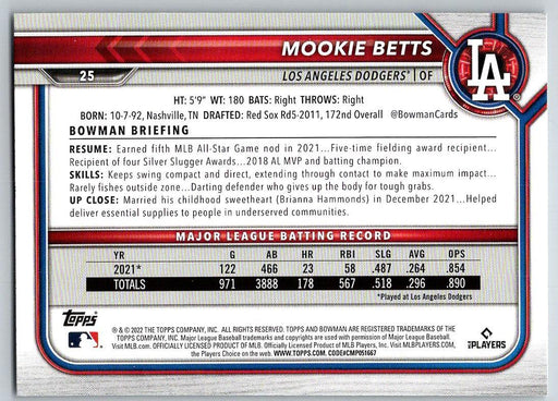 Mookie Betts 2022 Bowman # 25 Los Angeles Dodgers - Collectible Craze America