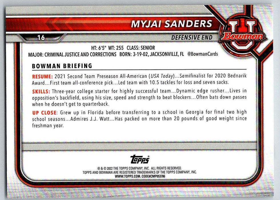 Myjai Sanders 2021 Bowman University Football # 16 Cincinnati Bearcats 1st Bowman - Collectible Craze America