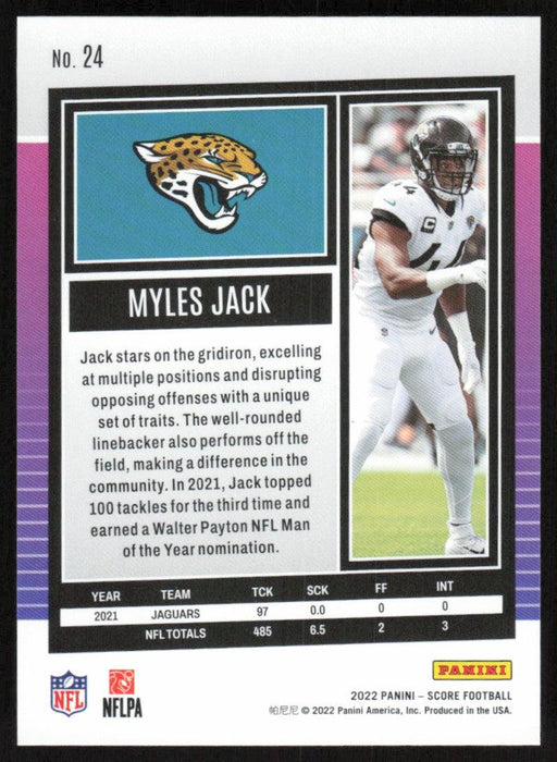 Myles Jack 2022 Panini Score Football # 24 Base Jacksonville Jaguars - Collectible Craze America