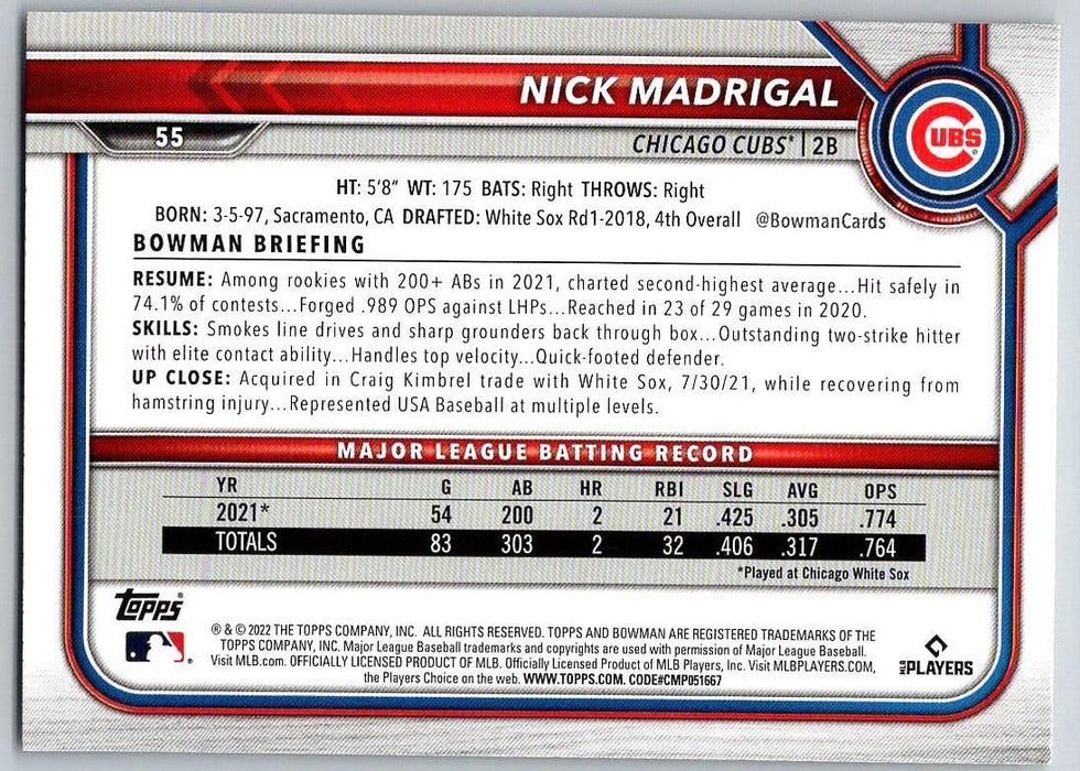 Nick Madrigal 2022 Bowman # 55 Chicago Cubs - Collectible Craze America