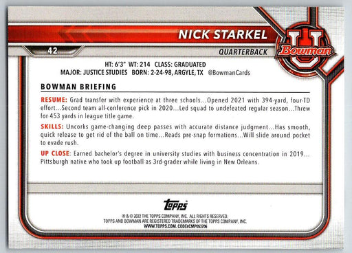 Nick Starkel 2021 Bowman University Football # 42 San Jose State Spartans 1st Bowman - Collectible Craze America