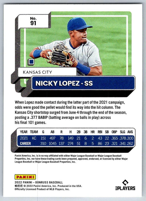 Nicky Lopez 2022 Donruss Baseball # 91 Kansas City Royals - Collectible Craze America
