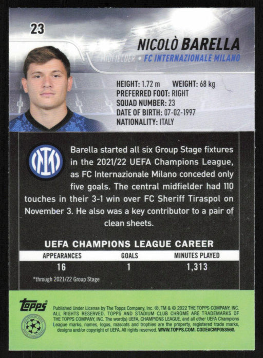 Nicolo Barella 2021 Topps Stadium Club Chrome UEFA Champions League # 23 FC Internazionale Milano Base - Collectible Craze America