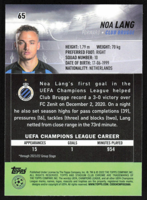 Noa Lang 2021 Topps Stadium Club Chrome UEFA Champions League # 65 Club Brugge Base - Collectible Craze America