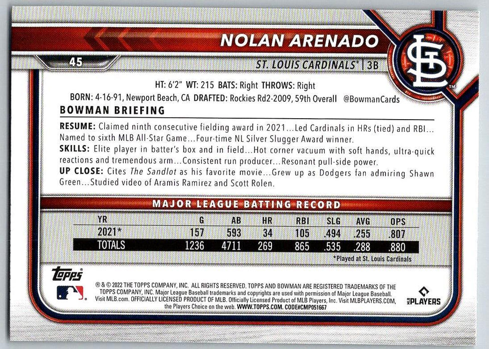 Nolan Arenado 2022 Bowman # 45 St. Louis Cardinals - Collectible Craze America