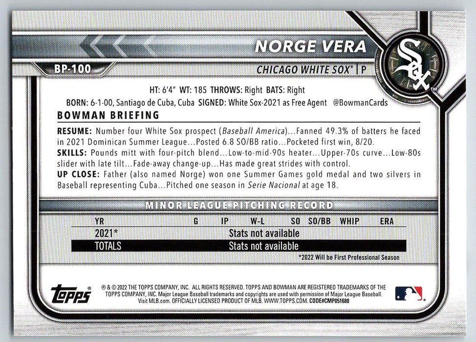 Norge Vera 2022 Bowman Prospects # BP-100 1st Bowman Chicago White Sox - Collectible Craze America