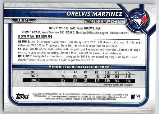 Orelvis Martinez 2022 Bowman Prospects # BP-104 Toronto Blue Jays - Collectible Craze America