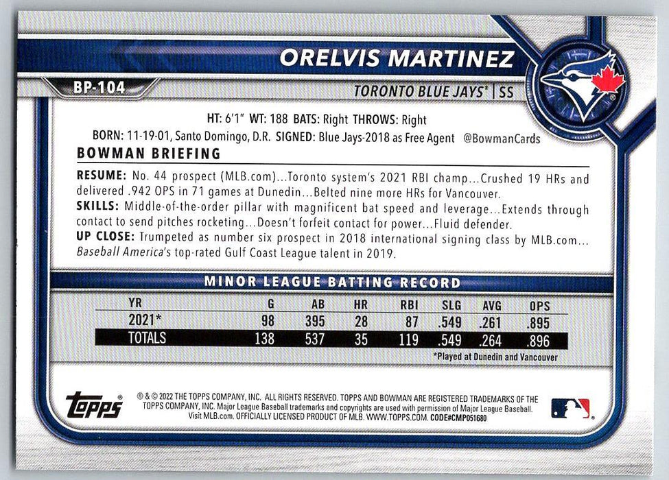 Orelvis Martinez 2022 Bowman Prospects # BP-104 Toronto Blue Jays - Collectible Craze America