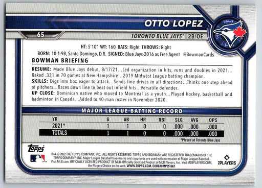 Otto Lopez 2022 Bowman # 65 RC Toronto Blue Jays - Collectible Craze America