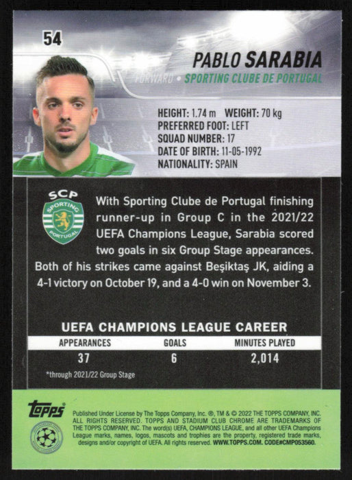 Pablo Sarabia 2021 Topps Stadium Club Chrome UEFA Champions League # 54 Sporting Clube de Portugal Base - Collectible Craze America