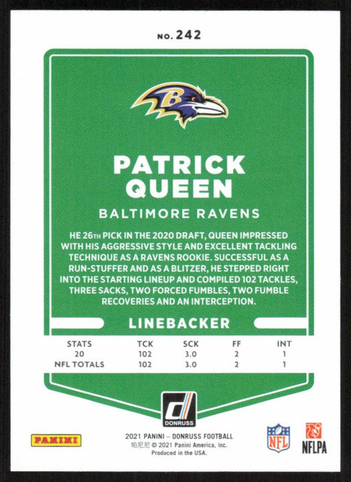 Patrick Queen 2021 Donruss Football # 242 Baltimore Ravens Base - Collectible Craze America