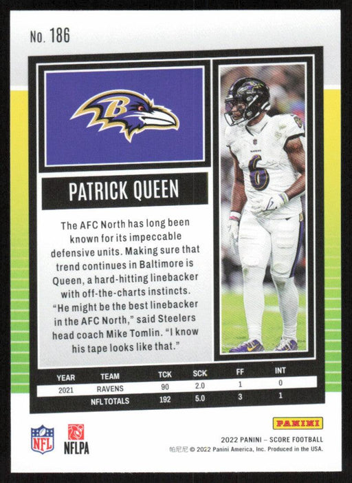 Patrick Queen 2022 Panini Score Football # 186 Base Baltimore Ravens - Collectible Craze America