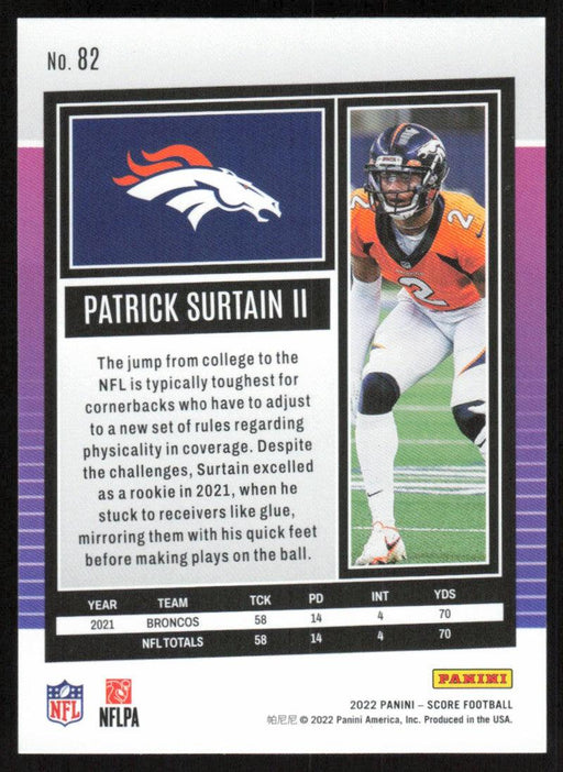 Patrick Surtain II 2022 Panini Score Football # 82 Base Denver Broncos - Collectible Craze America