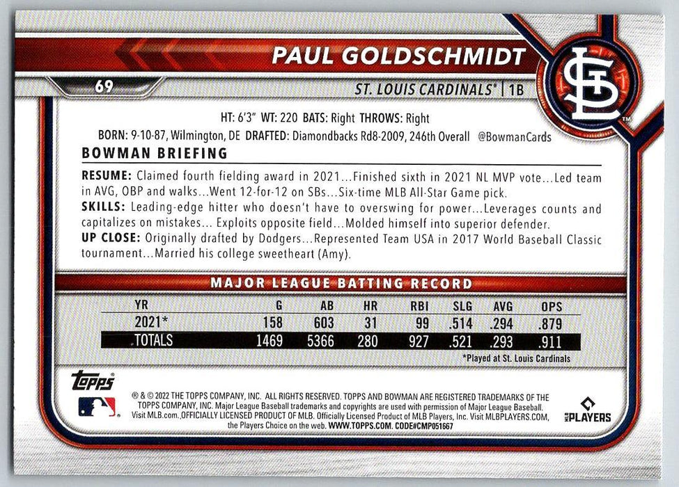 Paul Goldschmidt 2022 Bowman # 69 St. Louis Cardinals - Collectible Craze America