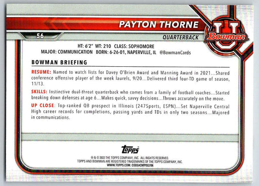 Payton Thorne 2021 Bowman University Football # 56 Michigan State Spartans 1st Bowman - Collectible Craze America