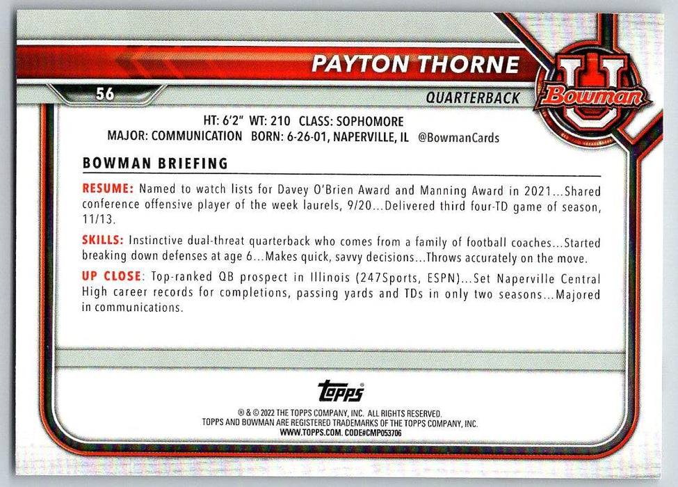 Payton Thorne 2021 Bowman University Football # 56 Michigan State Spartans 1st Bowman - Collectible Craze America