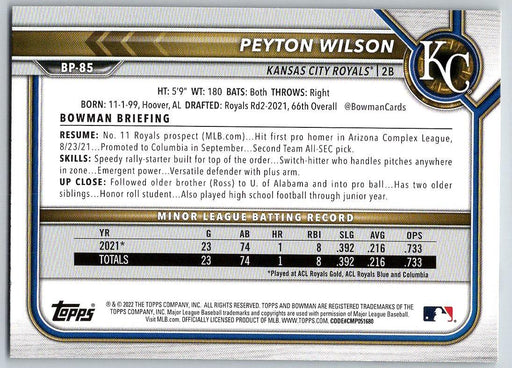 Peyton Wilson 2022 Bowman Prospects # BP-85 1st Bowman Kansas City Royals - Collectible Craze America