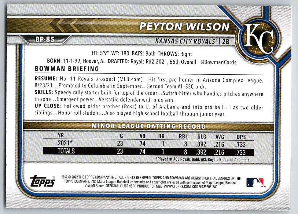 Peyton Wilson 2022 Bowman Prospects # BP-85 1st Bowman Kansas City Royals - Collectible Craze America