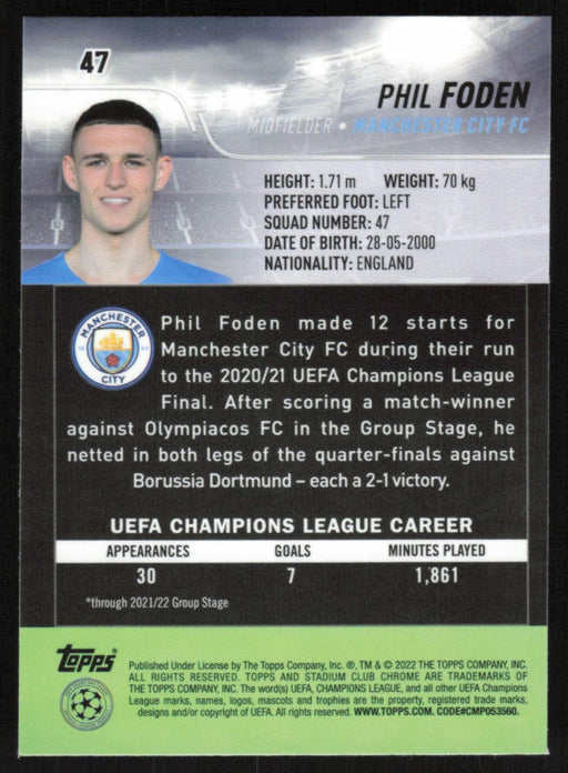 Phil Foden 2021 Topps Stadium Club Chrome UEFA Champions League # 47 Manchester City FC Base - Collectible Craze America