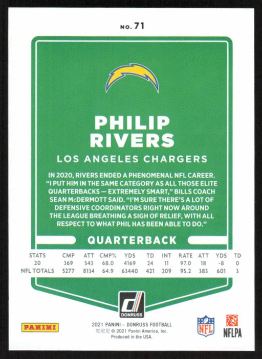 Philip Rivers 2021 Donruss Football # 71 Los Angeles Chargers Base - Collectible Craze America