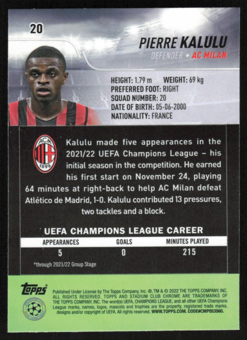 Pierre Kalulu 2021 Topps Stadium Club Chrome UEFA Champions League # 20 RC AC Milan Base - Collectible Craze America