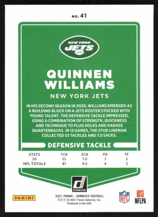 Quinnen Williams 2021 Donruss Football # 41 New York Jets Base - Collectible Craze America