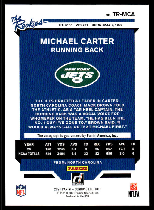 Michael Carter 2021 Panini Donruss The Rookies Back of Card