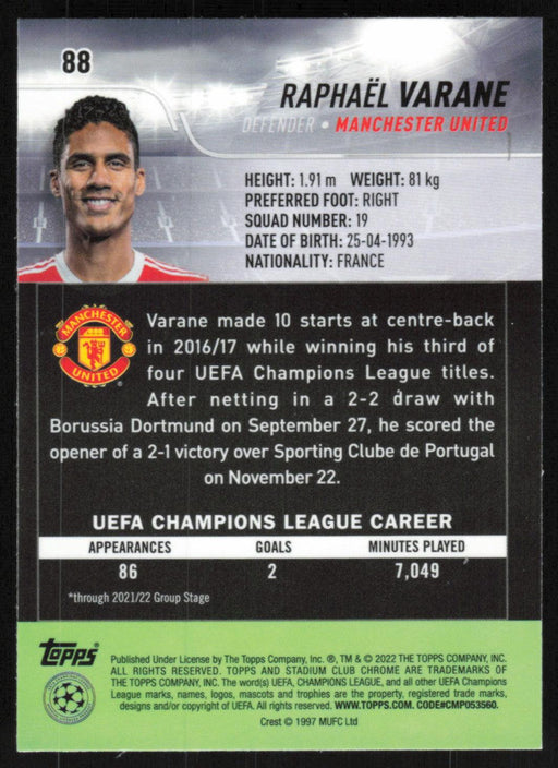 Raphael Varane 2021 Topps Stadium Club Chrome UEFA Champions League # 88 Manchester United Base - Collectible Craze America