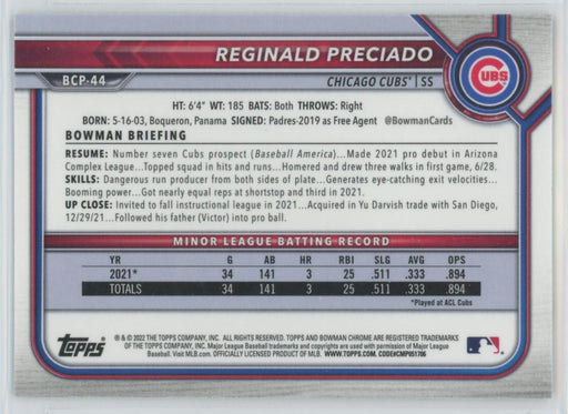 Reginald Preciado 2022 Bowman Chrome Prospects # BCP-44 Chicago Cubs - Collectible Craze America