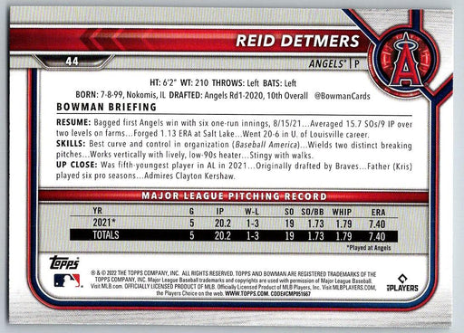 Reid Detmers 2022 Bowman # 44 RC Los Angeles Angels - Collectible Craze America