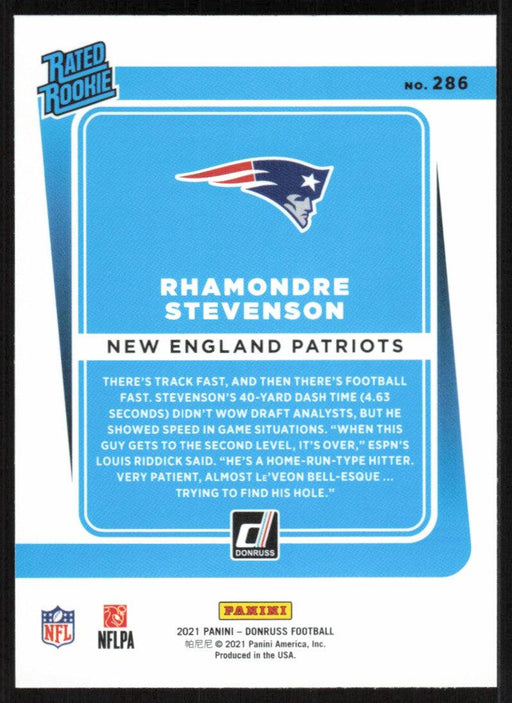 Rhamondre Stevenson 2021 Donruss Football # 286 RC New England Patriots Rated Rookie Base - Collectible Craze America
