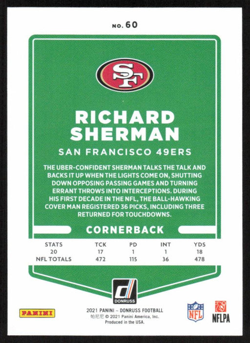 Richard Sherman 2021 Donruss Football # 60 San Francisco 49ers Base - Collectible Craze America