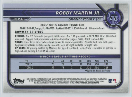 Robby Martin Jr. 2022 Bowman Chrome Prospects # BCP-43 1st Bowman Colorado Rockies - Collectible Craze America