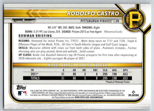 Rodolfo Castro 2022 Bowman # 9 RC Pittsburgh Pirates - Collectible Craze America