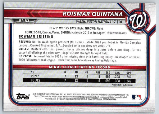 Roismar Quintana 2022 Bowman Prospects # BP-83 1st Bowman Washington Nationals - Collectible Craze America