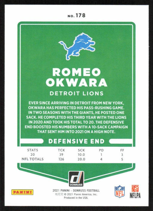 Romeo Okwara 2021 Donruss Football # 178 Detroit Lions Base - Collectible Craze America