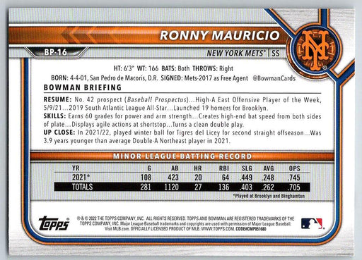 Ronny Mauricio 2022 Bowman Prospects # BP-16 New York Mets - Collectible Craze America