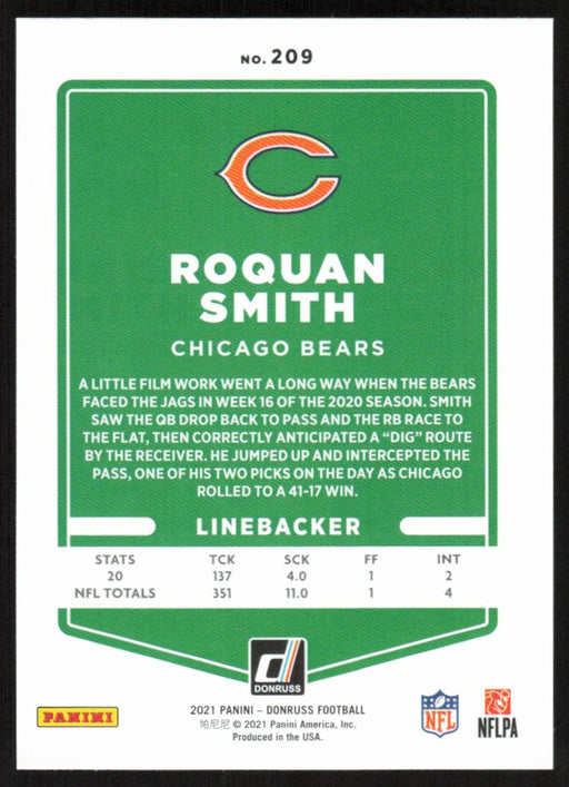 Roquan Smith 2021 Donruss Football # 209 Chicago Bears Base - Collectible Craze America