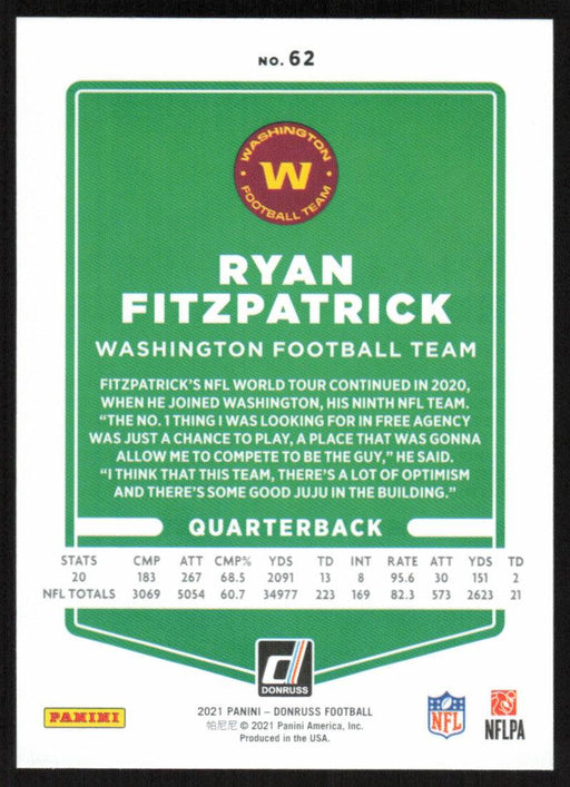 Ryan Fitzpatrick 2021 Donruss Football # 62 Washington Football Team Base - Collectible Craze America