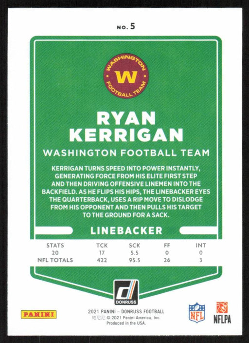 Ryan Kerrigan 2021 Donruss Football # 5 Washington Football Team Base - Collectible Craze America