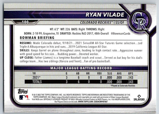 Ryan Vilade 2022 Bowman # 100 RC Colorado Rockies - Collectible Craze America