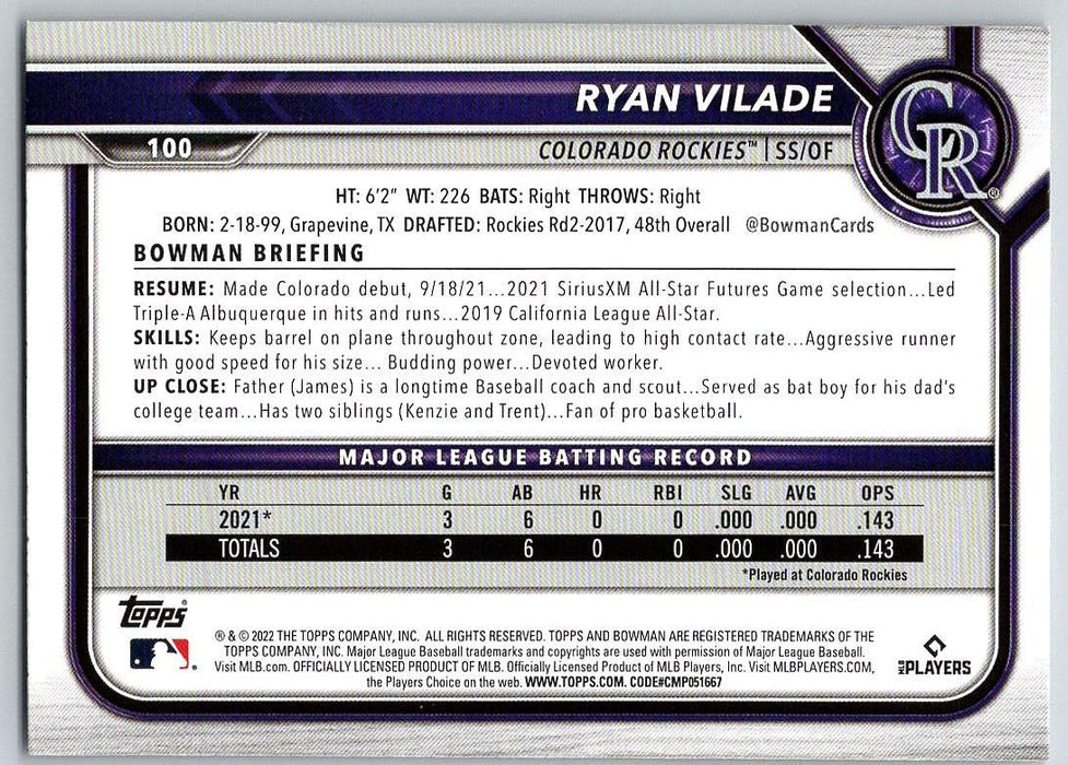 Ryan Vilade 2022 Bowman # 100 RC Colorado Rockies - Collectible Craze America