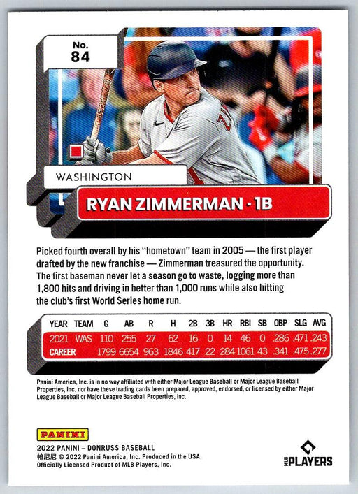 Ryan Zimmerman 2022 Donruss Baseball # 84 Washington Nationals - Collectible Craze America