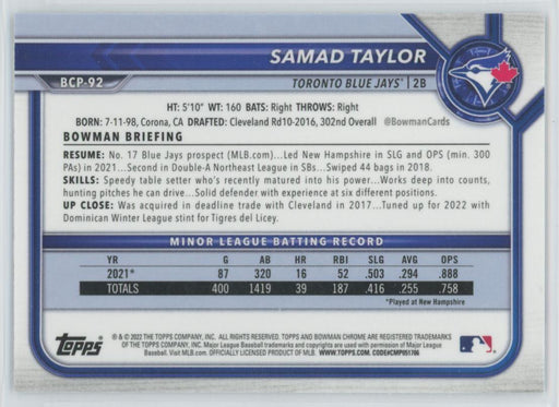 Samad Taylor 2022 Bowman Chrome Prospects # BCP-92 1st Bowman Toronto Blue Jays - Collectible Craze America