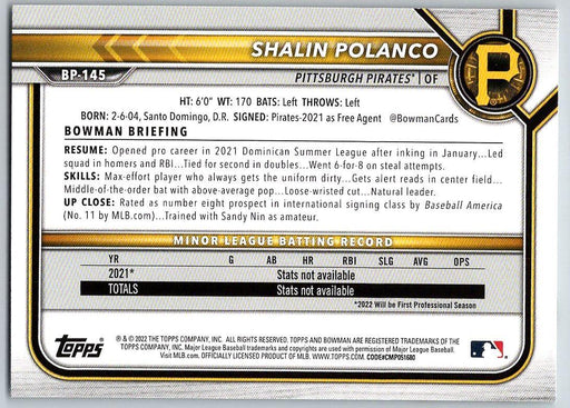 Shalin Polanco 2022 Bowman Prospects # BP-145 Pittsburgh Pirates - Collectible Craze America