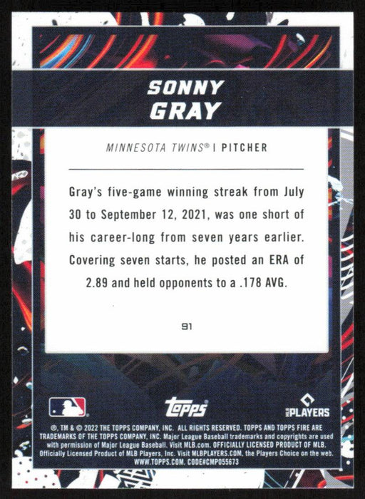 Sonny Gray 2022 Topps Fire Baseball # 91 Minnesota Twins Base - Collectible Craze America