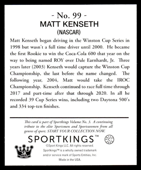 Matt Kenseth 2022 Sportskings Volume 3 Mini Back of Card