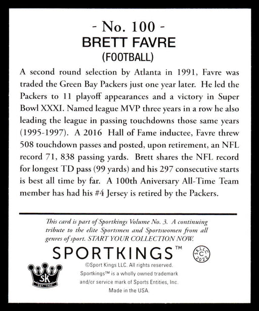 Brett Favre 2022 Sportskings Volume 3 Mini Back of Card