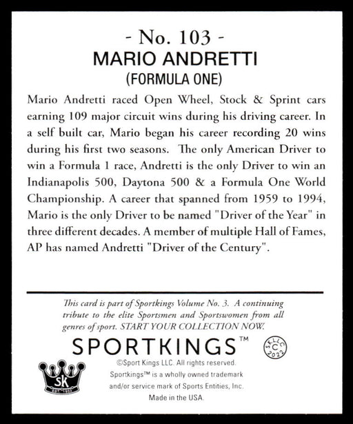 Mario Andretti 2022 Sportskings Volume 3 Mini Back of Card