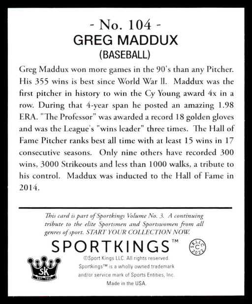 Greg Maddux 2022 Sportskings Volume 3 Mini Back of Card